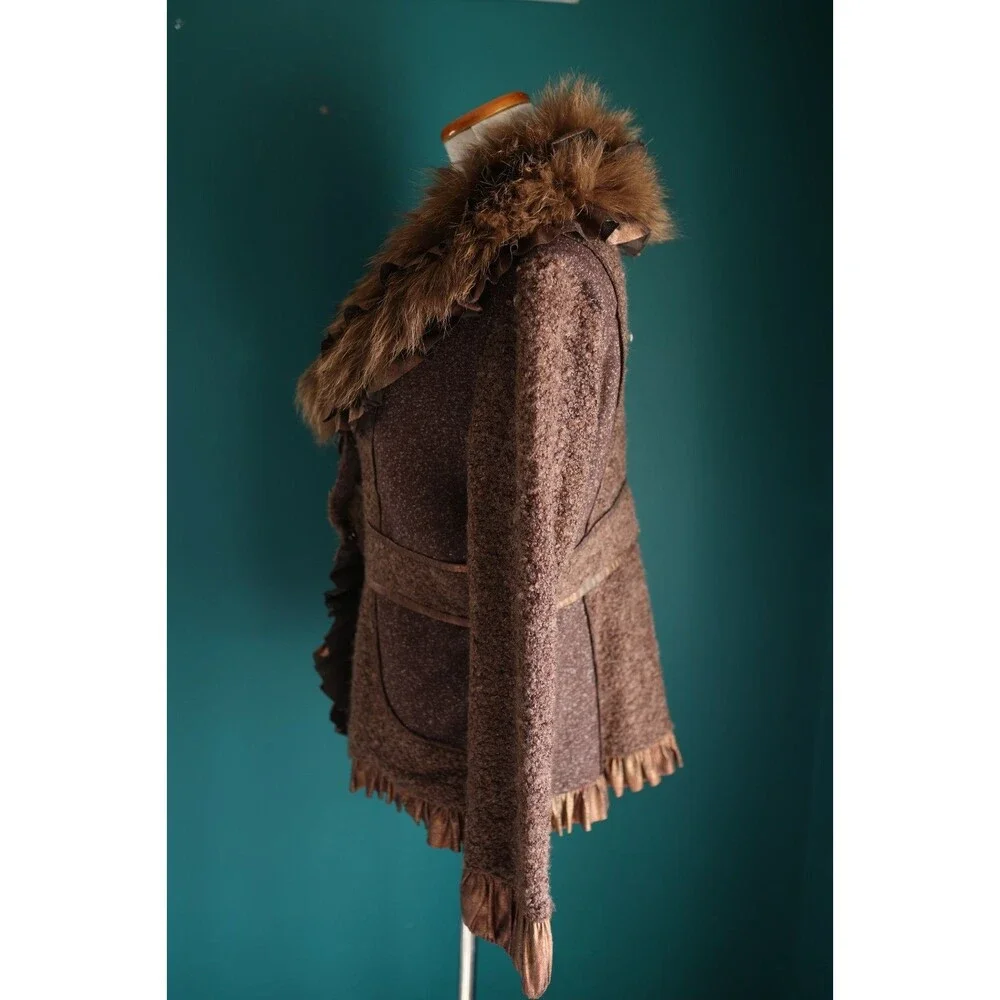 NWT Dolce Cabo Y2K Style Brown Ruffle Wool Jacket Raccoon Fur Fairy Grunge XL